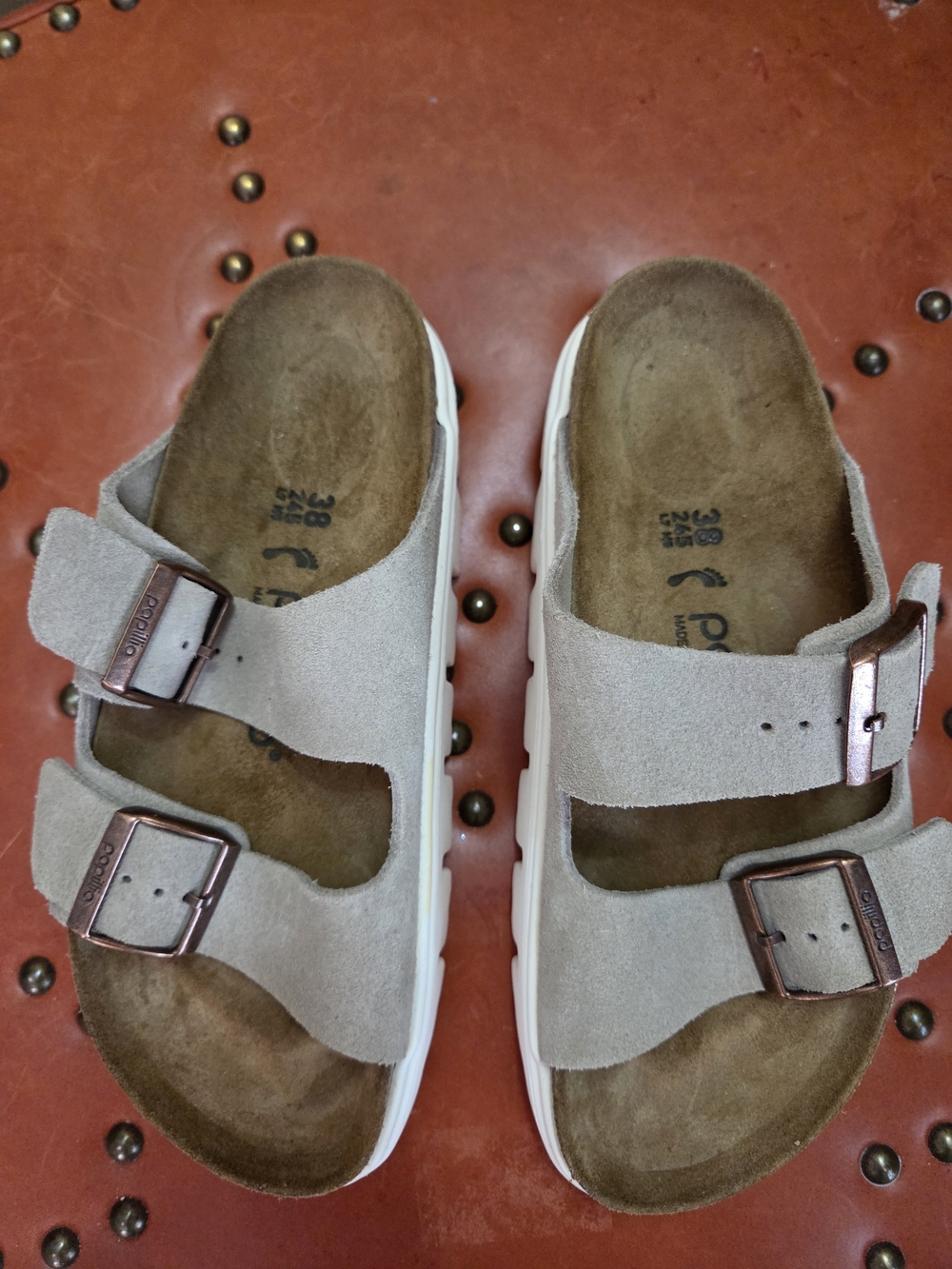 Papillio Beige Suede Double-Buckle Sandals with White Sole